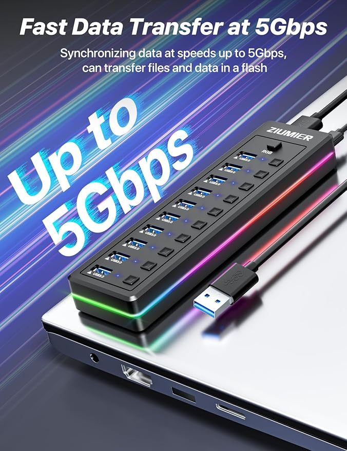 Powered USB Hub 10-Port USB 3.0 Hub with RGB LED Strip -5Gbps Data TransferIndividual LED On/Off Switches and 12V/2A Power Adapter for Laptop PC Mouse Keyboard Hard Drive or More USB Devices.