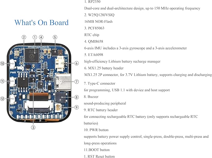 RP2350 1.69inch Touch LCD Development Board RP2350 Microcontroller with 1.69inch Touch Screen 240x280 Resolution Rounded Corners Dual-Core &amp Dual-Architecture Design 16MB Flash USB Type-C Port