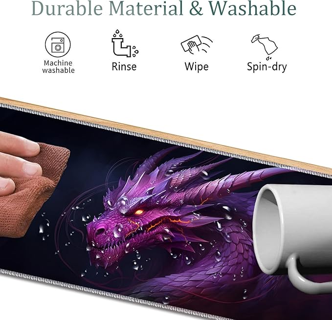 4 in 1 Mouse Pad Combo Large Gaming Mouse Pad + Keyboard Wrist Support + Mouse Wrist Rest + Coaster Table Pad 31.5 x 11.8 with Memory Foam Ergonomic Wrist Pad Set Flame Eyes Purple Dragon