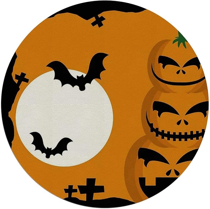 Orange Black PU Leather Office Chair Mat Soft Non Slip Round Floor Mat Spooky Carved Halloween Hardwood Floor and Protector for Rolling Chair Halloween Diameter 39.4 in