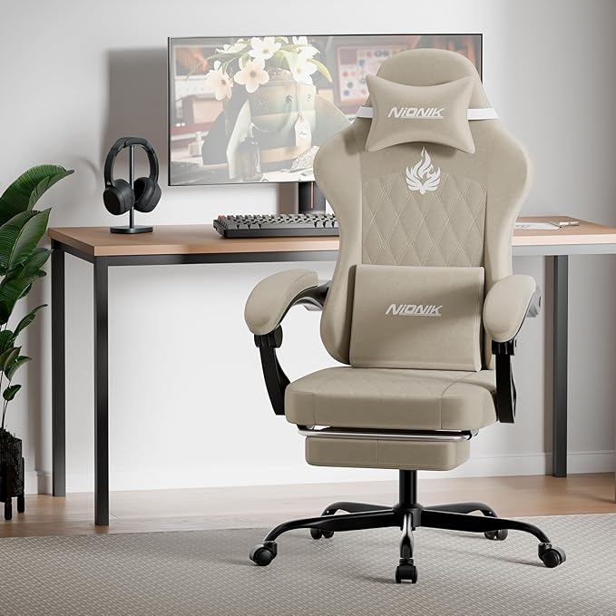 Ergonomic Gaming Chair Video Gamer Chairs Gaming Computer Chairs Gamer Chairs for Adults Massage Lumbar Support Swivel Height Adjustable Headrest Backrest Beige
