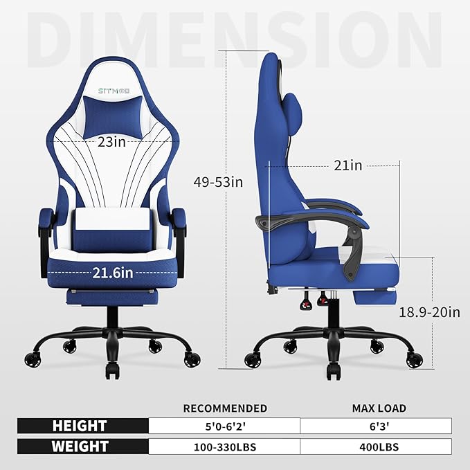 Gaming Chair with FootrestFabric Computer Chair with Pocket Spring CushionHigh Back Comfortable Ergonomic Office Chairs with Lumbar SupportHeight Adjustable Gamer Chair for AdultsBlue