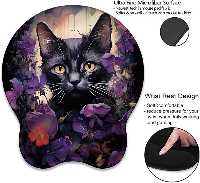 Mouse Wrist Rest and Keyboard Wrist Rest Pad+ Coaster Set Non-Slip Rubber Base Smooth Surface Ergonomic Gaming Mouse Pad for Easy Typing and Pain Relief Cat &amp Purple Flower