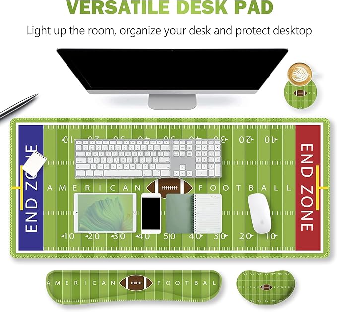 ARTSO Green Desk Mat Set Extended Gaming Mouse Pad with Wrist Rest Support +Keyboard Wrist Rest +Coaster Large Cute Mousepad American Football Field