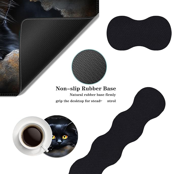 Mouse PadLarge Desk Mat Set 4in1 XL Mousepad + Keyboard Wrist Rest+Mouse Wrist Rest+Coaster with Ergonomic Desk Pad for Home Office Table Computer Cover -Black Cat with Yellow Eyes