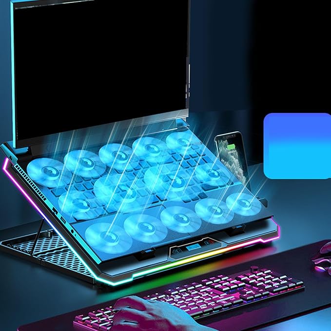 Gaming Laptop Cooling Pad 5 Levels Speed Cooling Fan RGB Lights LCD Display 8 Adjustable Height 2 USB Charging Ports Laptop Cooler for 12in to 19in (14 Fans)