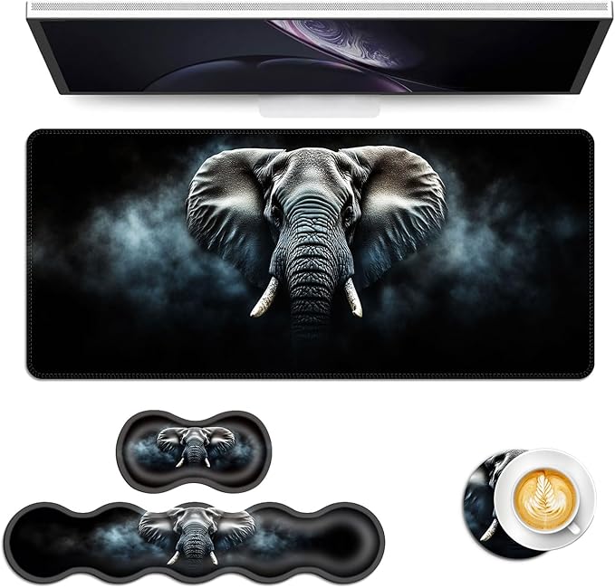 Keyboard Mouse Pad Set Extended Gaming Mouse Pad+Ergonomics Keyboard Wrist Rest Support Memory Foam Easy Typing Pain Relief 4Pcs XL Ultra Thick Desk MatMisty Elephant