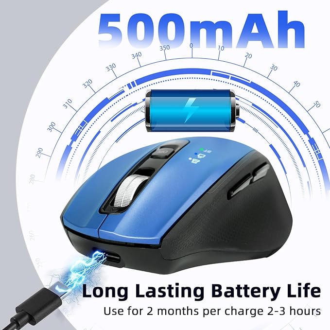 Wireless Mouse with Bluetooth USB A USB C Receiver Rechargeable Full Size Mouse Ergonomic Silent for MacBook/Laptop/Computer/PC/iPad-Blue