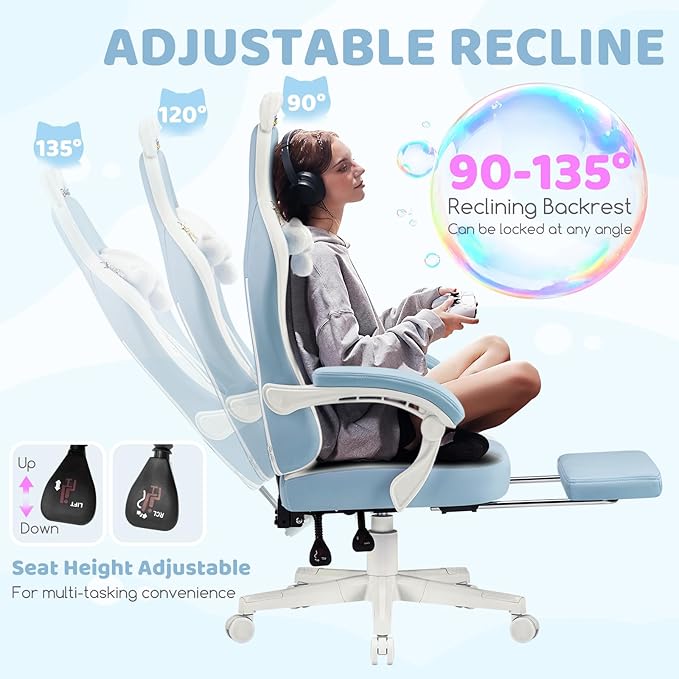 Gaming Chairs Comfy Video Game Chair for Adults with Cat Ears Pocket Spring Cushion Massage Lumbar Support &amp Headrest Ringing Accessories Cute Leather Ergonomic Computer Chair for Girls Blue/Wh