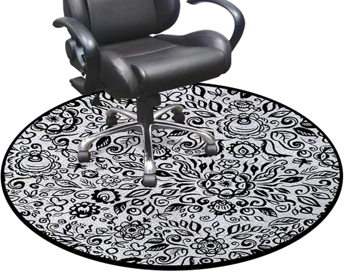 Black and White Gaming Chair Mat Under Computer Desk Floor Protector for Rolling Chairs Non Slip Anti Scratches Lace Pattern with Flowers and Floral Diameter 51 in