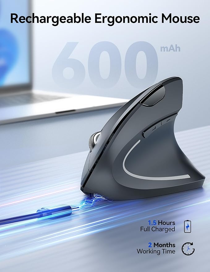 TECKNET Ergonomic Mouse Rechargeable Vertical Ergo Mouse Wireless 800-4800 Levels 5 Adjustable DPI Silent 2.4GHz Optical Carpal Tunnel Mouse for Right Hand USB Wireless Mice for Laptop PC