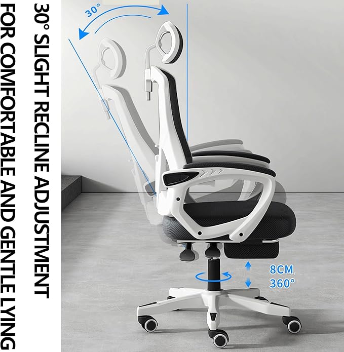 Ergonomic Office Gaming Chair with Mesh Swivel 145° Recline Adaptive Lumbar Support Rotating Headrest Height Adjustment White