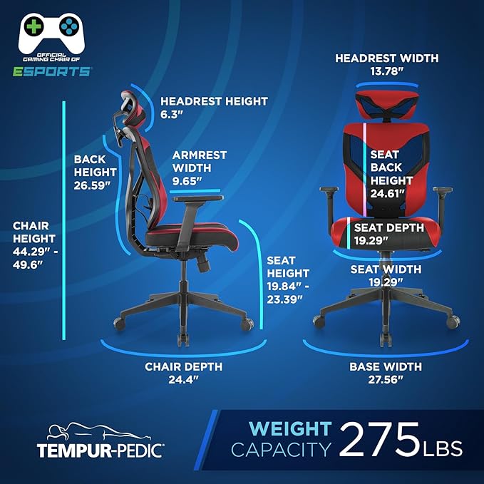 Tempur-Pedic Blaze Auto-Adaptive Ergonomic Gaming Chair with Lumbar Support and 3D Armrest Adjustment Cooling Racing Style Gaming Chair Red