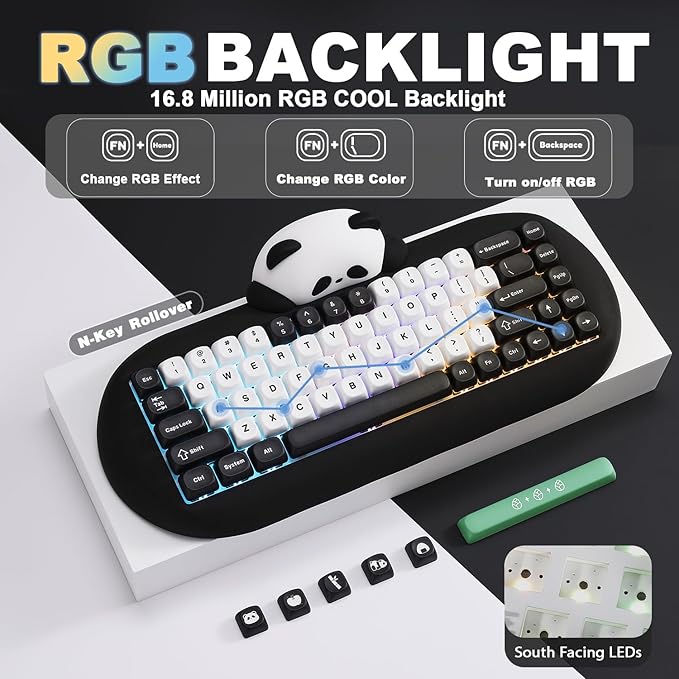 YUNZII C68 Panda Wireless Mechanical Gaming Keyboard 68 Keys Cute Layout with PBT KeycapsRGB Backlit Hot SwappableCreamy SwitchesBT5.0/2.4G/Wired for Win/Mac(BlackPanda Switch)