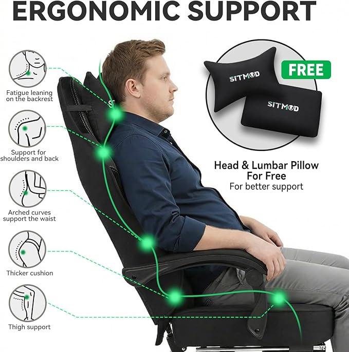 Gaming Chair Video Gaming Chairs for Adults Comfy Fabric Computer Office Chair with Pocket Spring Cushion 350lb Heavy Duty Ergonomic Gamer Chair 360° Swivel Lumbar Headrest 90-150° Recline Black