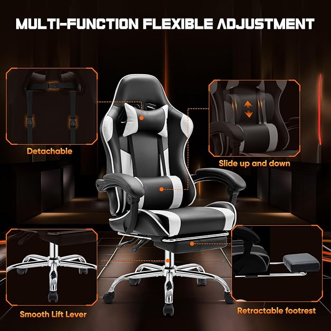 Sweetcrispy Video Game Desk Chair - Ergonomic Computer with Footrest and Comfy Lumbar Support PU Leather Recliner with Headrest Dynamic Armrest Height Adjustable with 360° Swivel White Adults