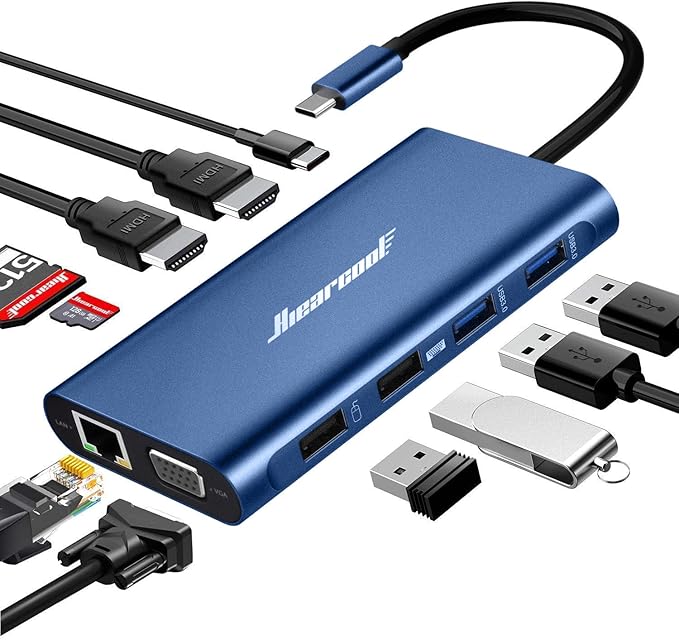 Hiearcool USB C Docking Station Dual Monitor 11 in 1 Triple Display USB C Laptop Docking Station with 2 HDMI VGA Type C Dongle Dock Compatible for Thunderbolt 3 4 Laptops