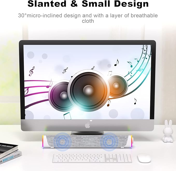 SOULION R30 Plus Bluetooth Computer Speakers All-in-One Control Button with 6 Modes LED Lights PC Speaker Wired USB Powered Surround Soundbar for Desktop Monitor Laptop White