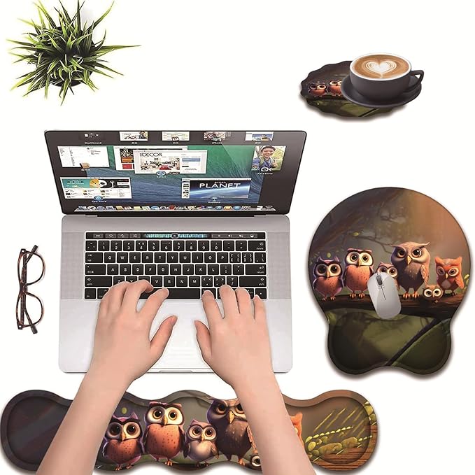 3 in 1 Keyboard Wrist Rest + Mouse Pad and Coaster Ergonomic Gel Mouse Pad and Keyboard Pad Set Comfortable Lightweight for Easy Typing Pain Relie Cute Owl