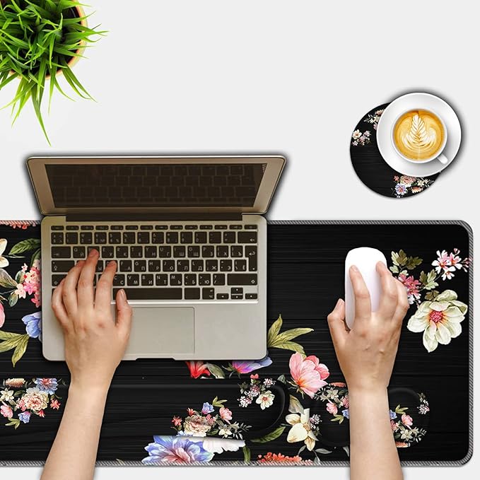 Mouse Pad Set(31.5×11.8 in) Desk Pad + Keyboard Wrist Rest Support + Mouse Wrist Rest + Coaster for OfficeHomeComputerLaptop - 4 Peony Flower