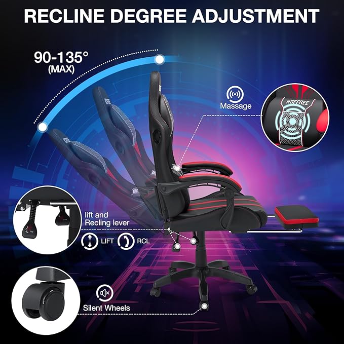 HOFFREE LED Gaming Chair with Speakers and Massage Video Game Chair Big and Tall with Footrest Gamer Chair for 400lbs Computer Desk Chair Red and Black Red+black HOGC-MAX303