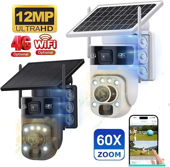 4K 60X Optical Zoom 4G Solar Camera Dual Screen Outdoor WiFi PTZ PIR Detection Human Auto Tracking CCTV Cameras(Black 60X WiFi CAM)