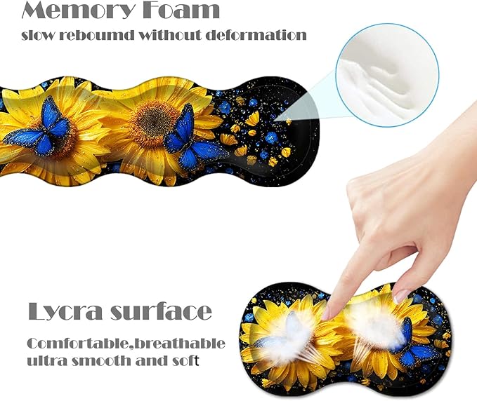 Ergonomic Keyboard Wrist Rest &amp Mouse Pad Wrist Rest SetXL Gaming Desk Mat 31.5x 11.8Non-Slip BaseMemory FoamEasy Typing Pain Relief for Office &amp HomeSunflowers Blue Butterflies