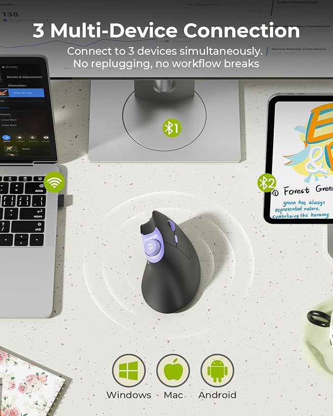 seenda Ergonomic Mouse Wireless MOU-302 Bluetooth Vertical Mouse Rechargeable Optical Mice with 1000/1600/2400 DPI Volume Knob 3 Multi-Device Connectivity for Computer/PC/Laptop/Mac Black Purple