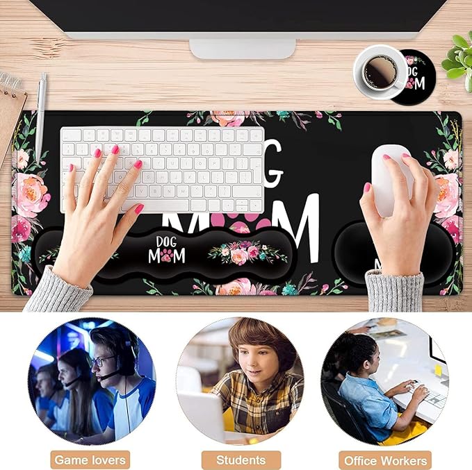 Gaming Mouse Pad Large XXL Mouse PadLarge Mouse Pad with Stitched EdgeNon-Slip Desk Pad Ergonomic Keyboard Wrist Rest Anime Mouse Pad Cute Dog Mom Floral Design Black Desk Mat for Computer Laptop