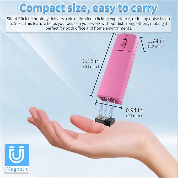 elec Space Wireless Mini Finger Mouse - Silent Dual-Mode Bluetooth &amp 2.4GHz Ergonomic Portable PC Mouse with Case Compatible with MacBook and Chromebook (Pink)