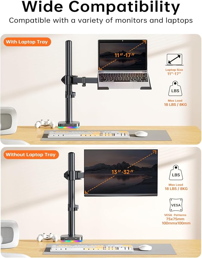 RGB 2 in 1 Laptop Monitor Desk Tray with 3 USB Ports Charging and USB Data Transfer Adjustable laptop stand for 13 to 32 Screen and 11-17” Laptop Holds 18lbs/Arm 75x75/100x100 VESA C-Clamp