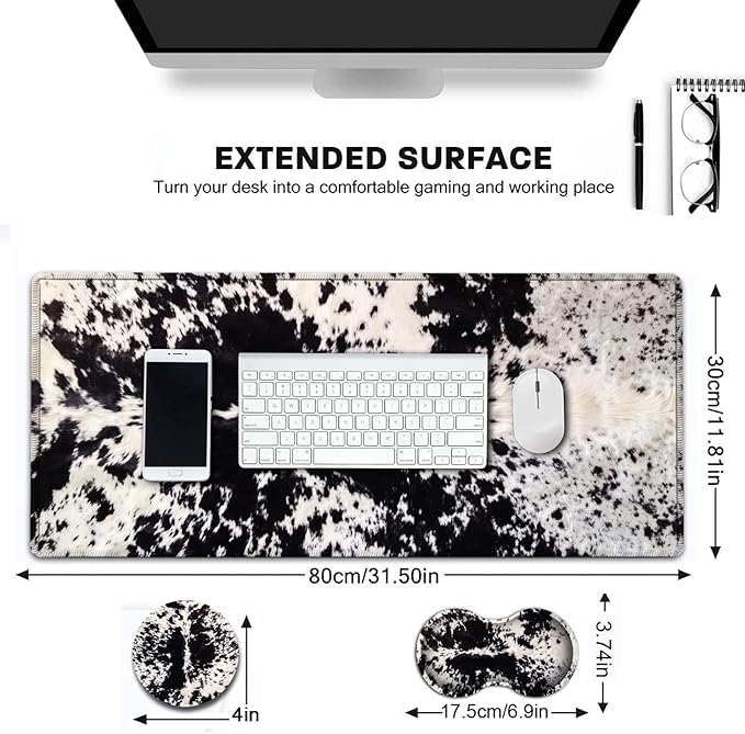 Large Gaming Mouse Pad 31.5x11.8 in Extended Computer Mouse Mat with Non-Slip PU Base Ergonomic Memory Foam Keyboard Wrist Rest for Work &amp Gaming Office Desk Pad Black White Cowhide Fur