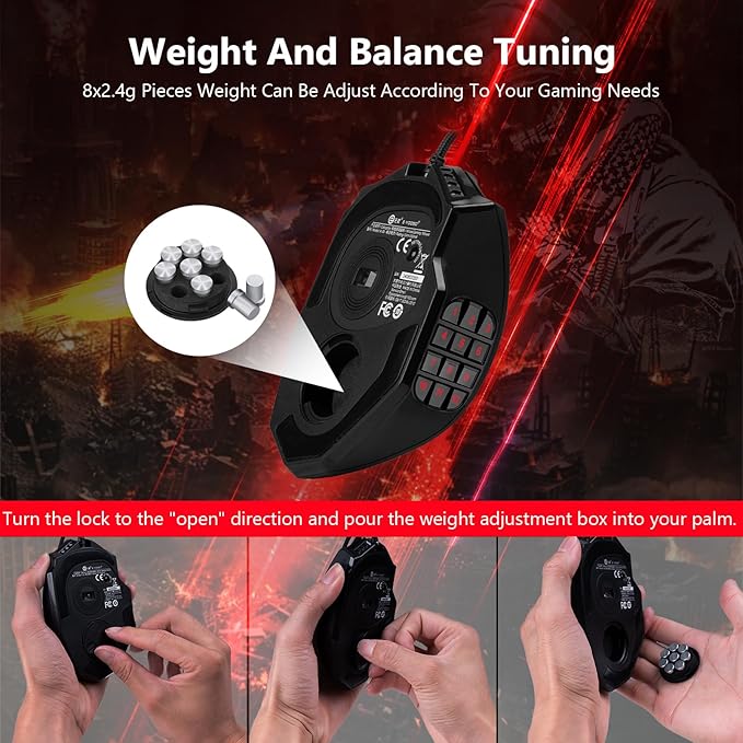 Premium Wired MMO Gaming Mouse For MOBA/FPS/RPG16400 DPIRapid Fire One-Button Triple Shot5.9FT Cable5 RGB Backlit18 Programmable Side Buttons 8 x 2.4g Weight TuningFor PC Computer/Desktop