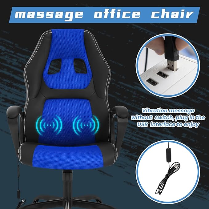 High-Back Racing Gaming Chair with Massage Lumbar Support - Ergonomic Adjustable Swivel - Black PU Leather - Perfect for Home Office or Gaming (Blue)