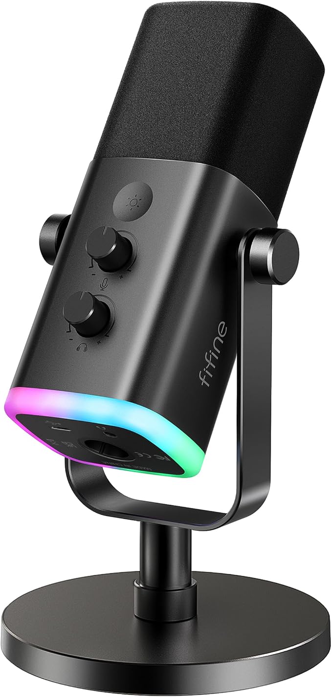 FIFINE USB/XLR Dynamic Microphone for Podcast Recording PC Computer Gaming Streaming Mic with RGB Light Mute Button Headphones Jack Desktop Stand Vocal Mic for Singing YouTube-AmpliGame AM8
