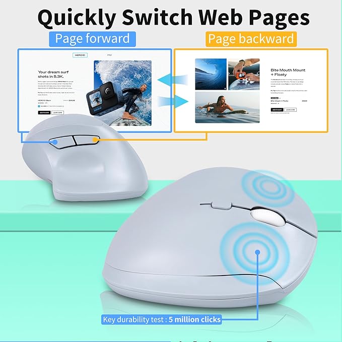 Wireless Silent Ergonomic Vertical Mouse - Dual Mode 2.4G/Bluetooth Rechargeable Type C Pain Relief for Office and Home Use Compatible with Laptop &amp PC (Blule)
