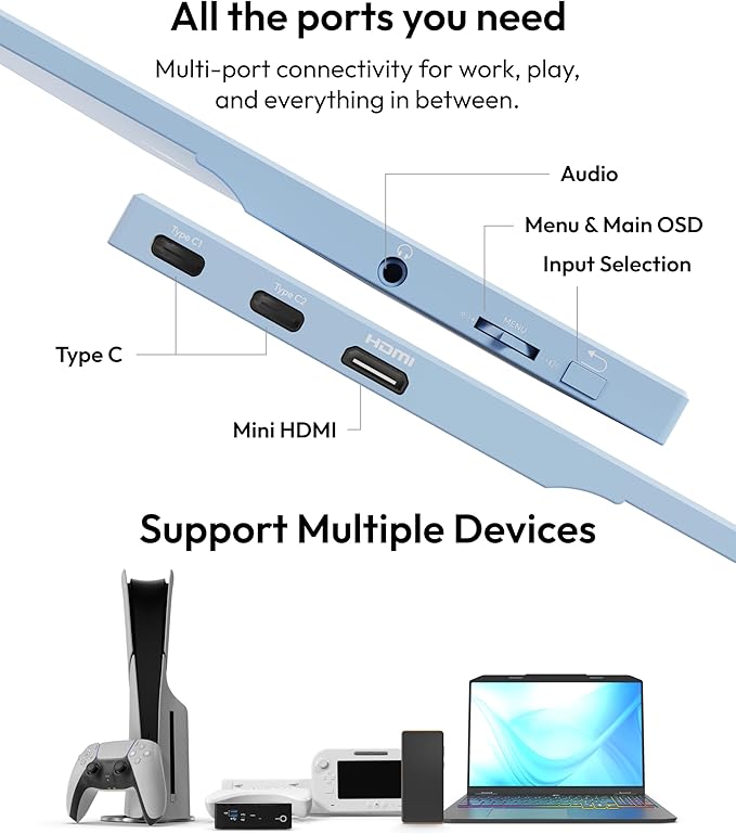 Pixio PX160 Wave Blue Portable Monitor 15.6 inch 60Hz FHD 1080p IPS Panel HDR Screen Cover Stand USB-C HDMI Laptop Screen Extender Portable Monitor for Laptop PC Console Phone