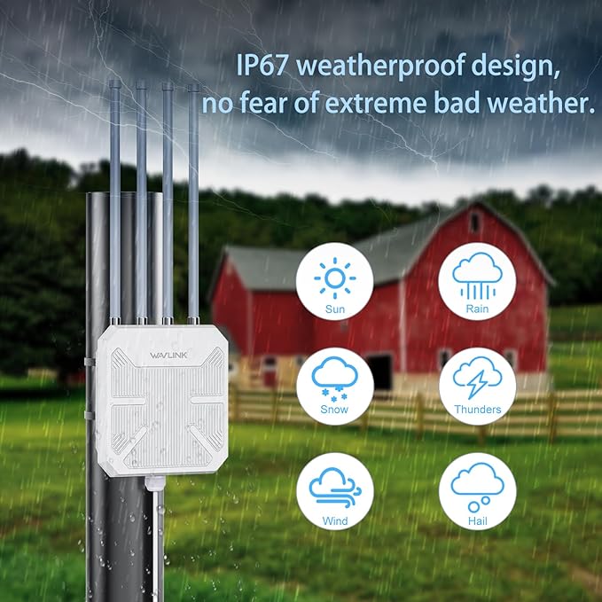 WAVLINK AX3000 Outdoor WiFi 6 Extender Long Range Outdoor Wireless Access Point Active PoE 4x8dBi AntennasWork with Starlink/Cameras/RouterIP67Up to 256 Devices for FarmYardRV