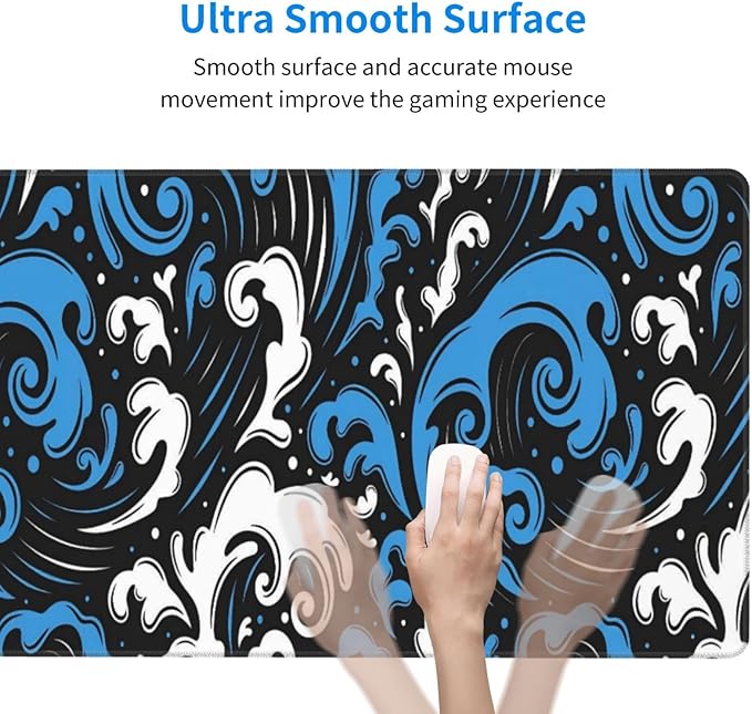 Abstract Wave Blue White Desk Cover MatExtended Large Mouse PadComputer Laptop Mat Desk Decor for Office Game Home 30x16 Inch