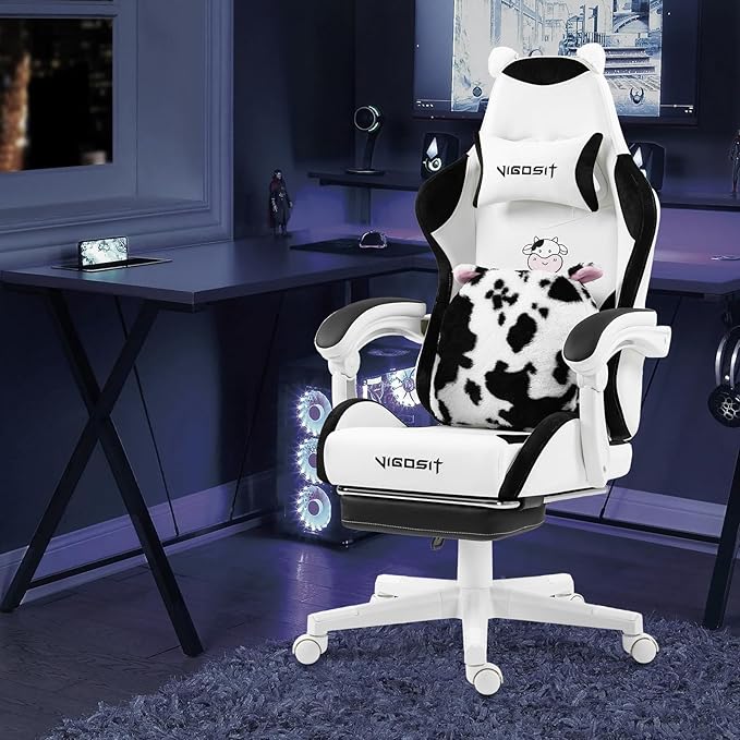 Black and White Cow Gaming Chair with Footrest Ergonomic Cute Gamer Chair for Girls Comfortable Computer Desk Chair for Adults Teens
