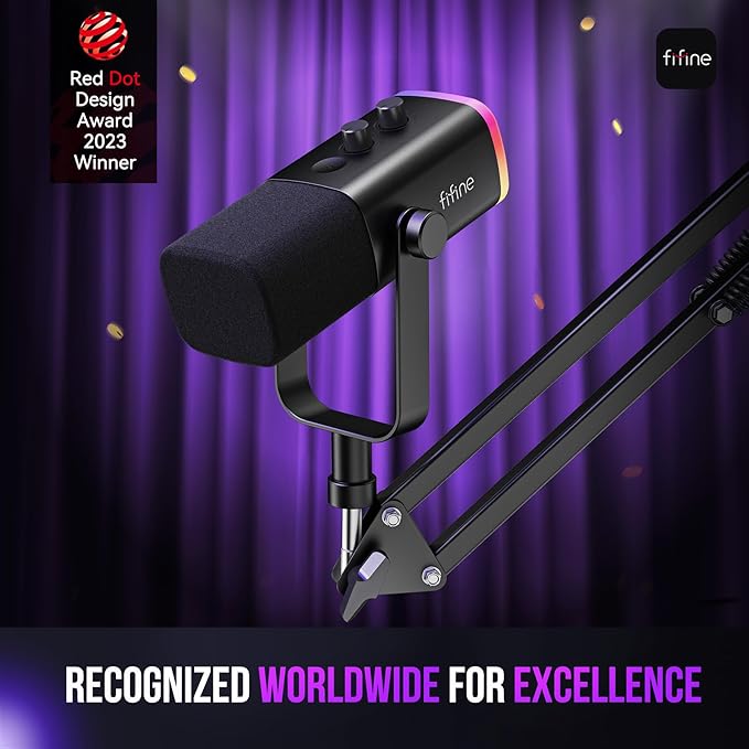 FIFINE XLR/USB Gaming Microphone Set Dynamic PC Mic for Streaming Podcasting Computer RGB Mic Kit with Boom Arm Stand Mute Button Headphones Jack for Recording Vocal Voice-Over-AmpliGame AM8T