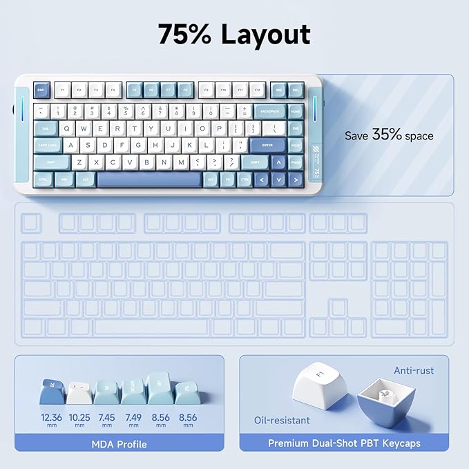 MCHOSE X75 V2 Wireless Mechanical Keyboard Volume Knob Tri-Mode BT5.0/2.4GHz/USB-C Hot Swappable Custom Keyboards Linear Switch Creamy Keyboards RGB Gaming Keyboard for PC/Tablet/PS/Xbox Blue