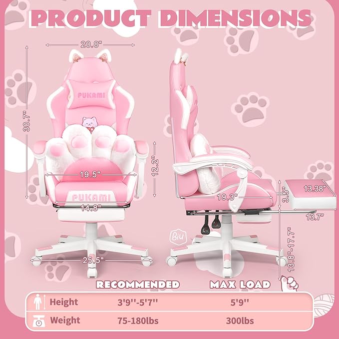 VITESSE Pink Gaming Chair for Girl with Cat Paw Lumbar Cushion and Cat EarsErgonomic Computer Chair for Girl with Footrest and Headrest Comfortable Reclining PC Game Chair for AdultKid (White)
