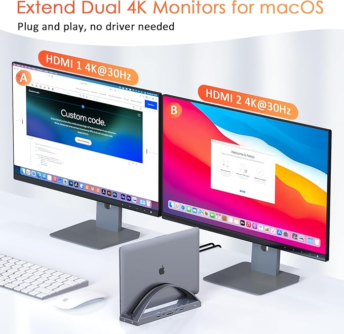 TobenONE MacBook Docking Station Dual 4K Monitor for M1-M5 Pro/Max 13-in-2 USB C Docking Station with 100W Power Adapter Laptop Dock Stand with 2 HDMI VGA 5 USB PD 3.0 RJ45 SD/Micro SD Audio