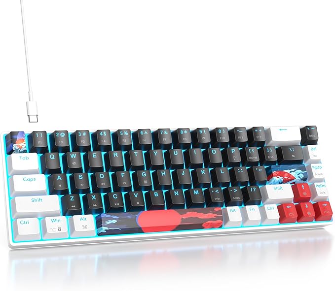 surmen 65% Mechanical Gaming Keyboard with Linear Red Switch Wired Mini Compact Keyboard 60 Percent Backlit for Laptop Desktop PC Gamers（68 Black-Ice Blue）