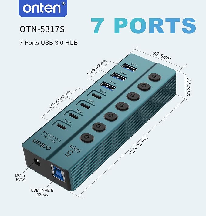 Onten OTN - 5317S 7 - Port USB 3.0 Hub 5Gbps High - Speed Data Transfer Independent Switches Wide Compatibility for Laptop Pad Phone Game Console