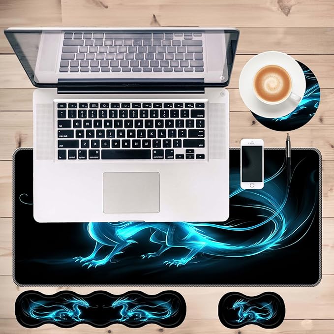 Keyboard Mouse Pad SetLarge Desk Pad+Keyboard Wrist Rest+Mouse Wrist Support+CoasterEasy Typing Pain Relief Non-Slip Wrist Support Mousepad Set Home OfficeBlue Dragon