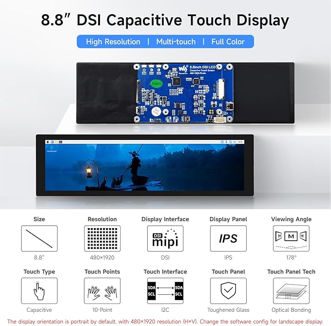 waveshare 8.8inch DSI Capacitive Touch Display Compatible with Raspberry Pi 5/4B/3B/CM3/3+/4 480 × 1920 IPS Optical Bonding Toughened Glass Panel DSI Interface 10-Point Touch