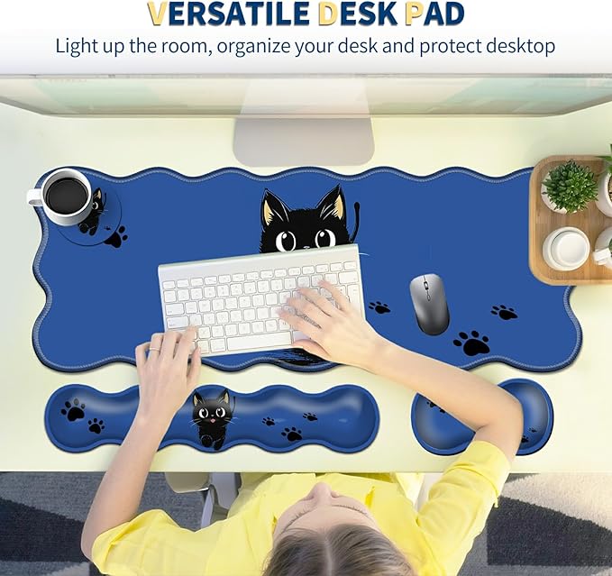 4-in-1 XXL Gaming Mouse Pad Set (31.5x11.8) with Keyboard Wrist RestMouse Wrist Support &amp CoasterNon-Slip Desk Mat for Office、Home、GamingCute Black Cat