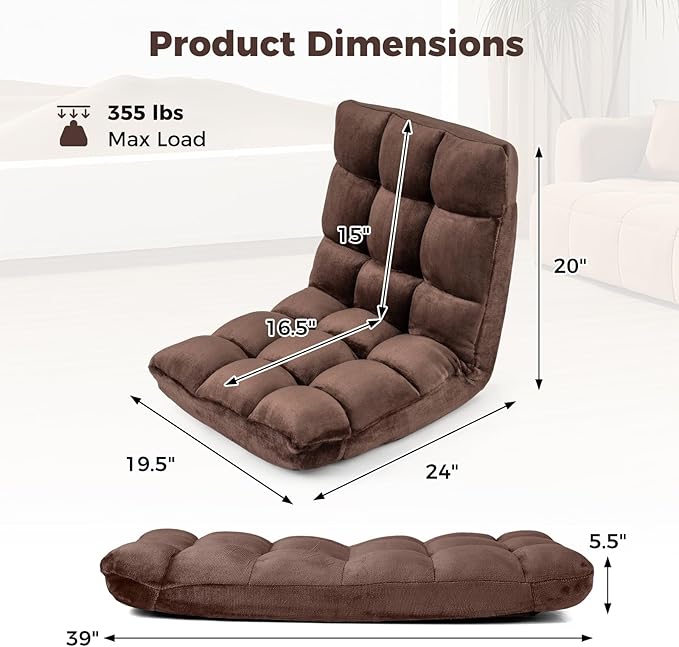 COSTWAY Floor Chair Video Gaming Chairs with Back Support Adjustable 14-Position Alloy Steel Frame Lazy Sofa Lounge Recliner for Adults Kids (Chocolate)